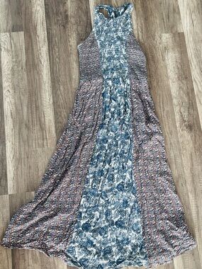 Japna Blue Paisley Floral Smocked Maxi Dress Women’s Medium Boho Rayon